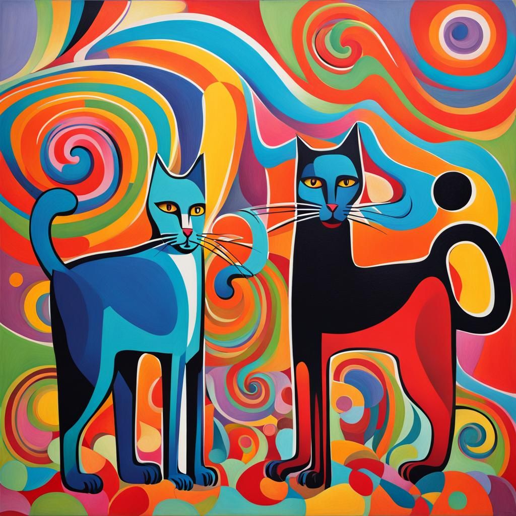 Cats Playing: Cubist Composition in Picasso Style