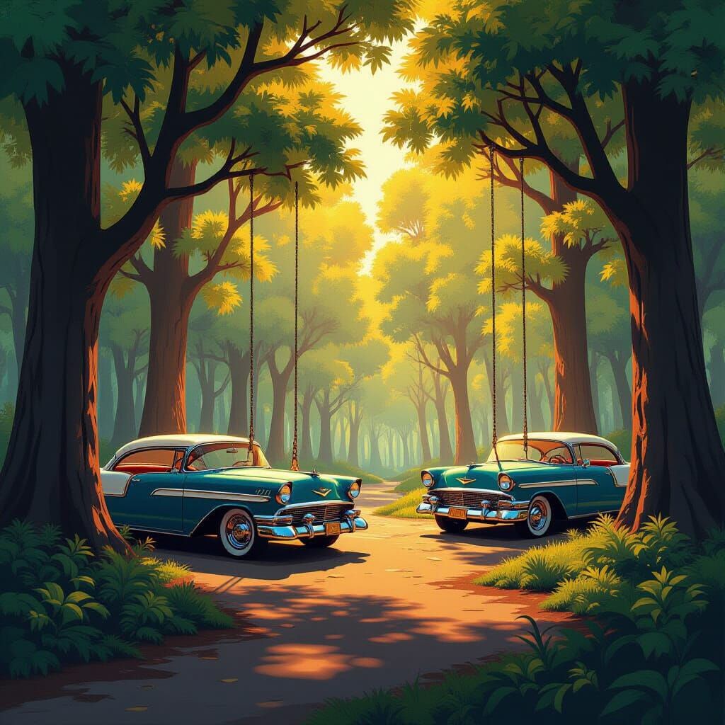 Automotive Forest with Idling Swing Set