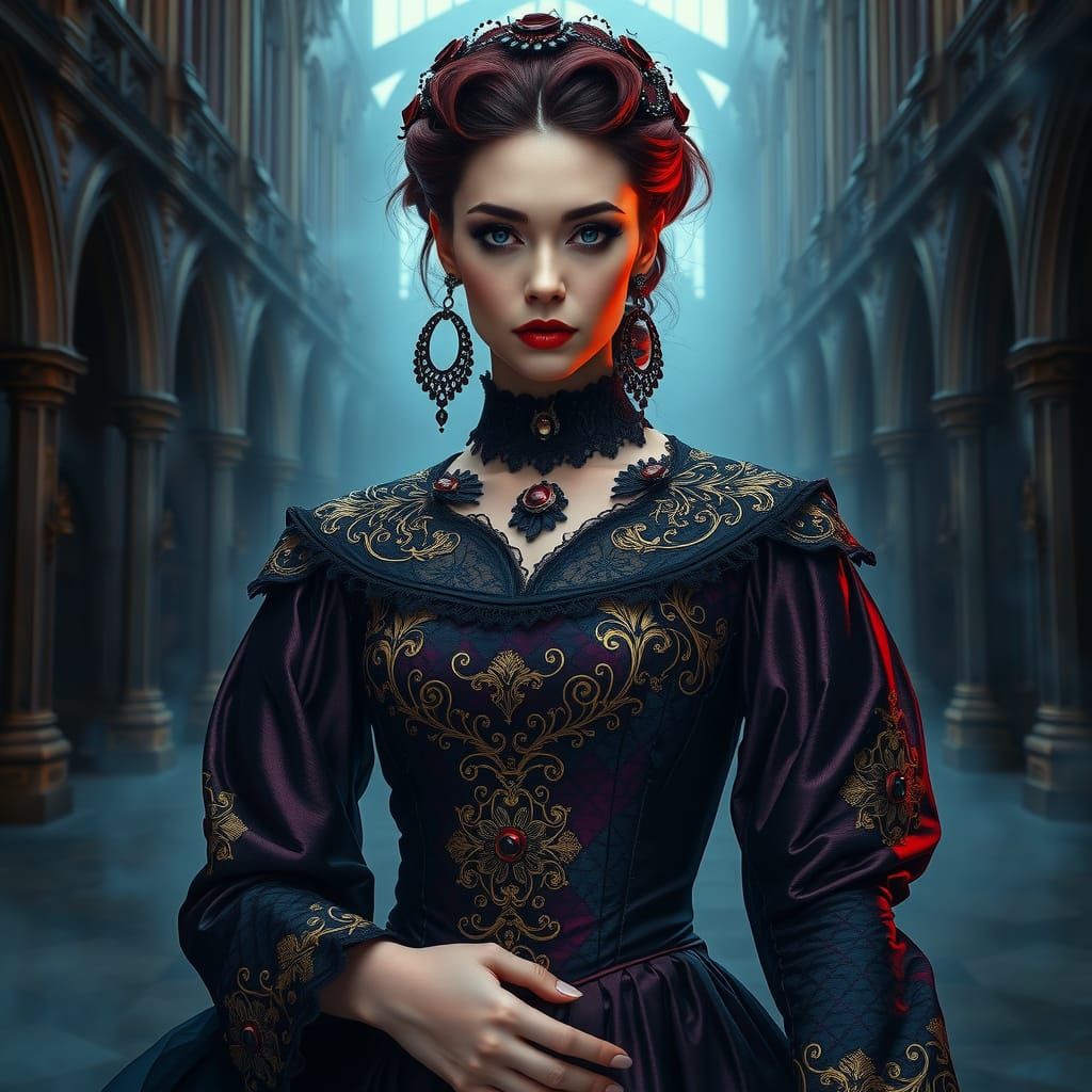 Gothic Woman in Victorian Attire with Lavish Details
