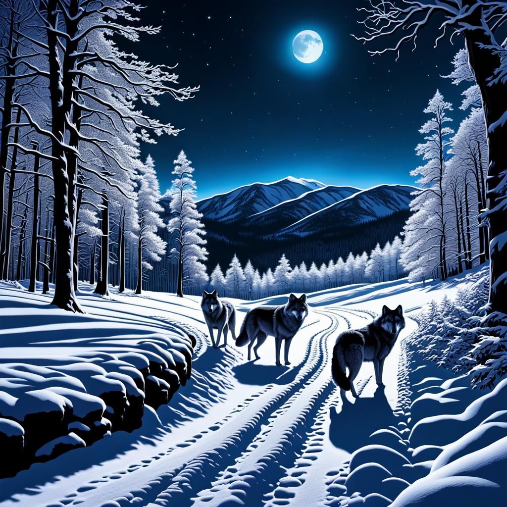 Muscular Wolf pack, deep blue eyes, monochromatic color fur,...