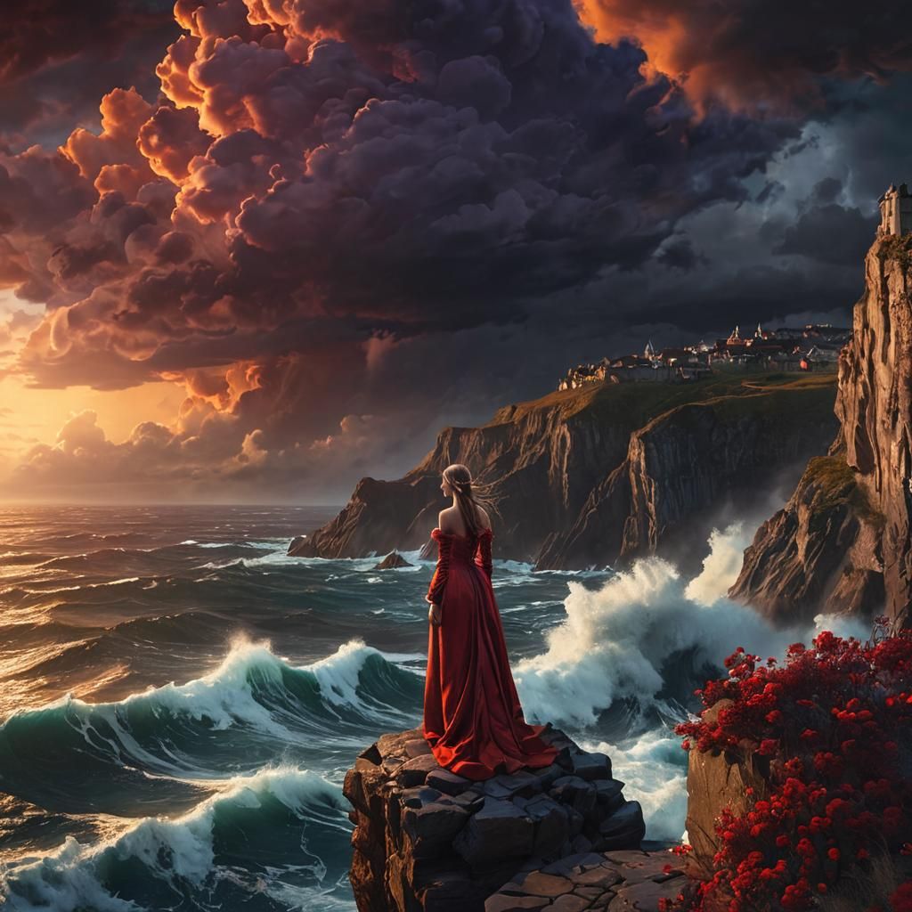 Woman Overlooking Stormy Ocean in Baroque Style
