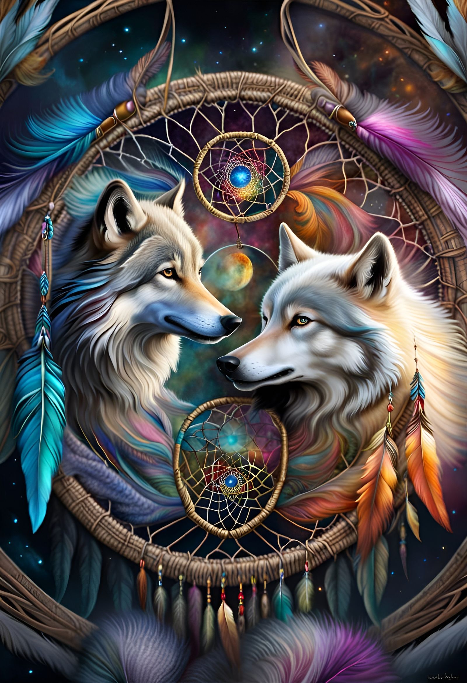 Wolf Spirits Dreamcatcher: Mixed Media Artwork
