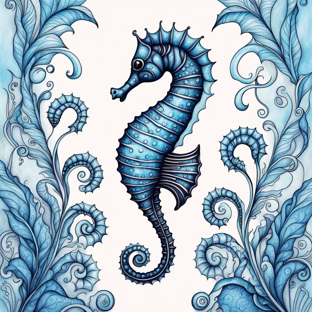 Elegant Seahorse in Arabesque Black Line Art