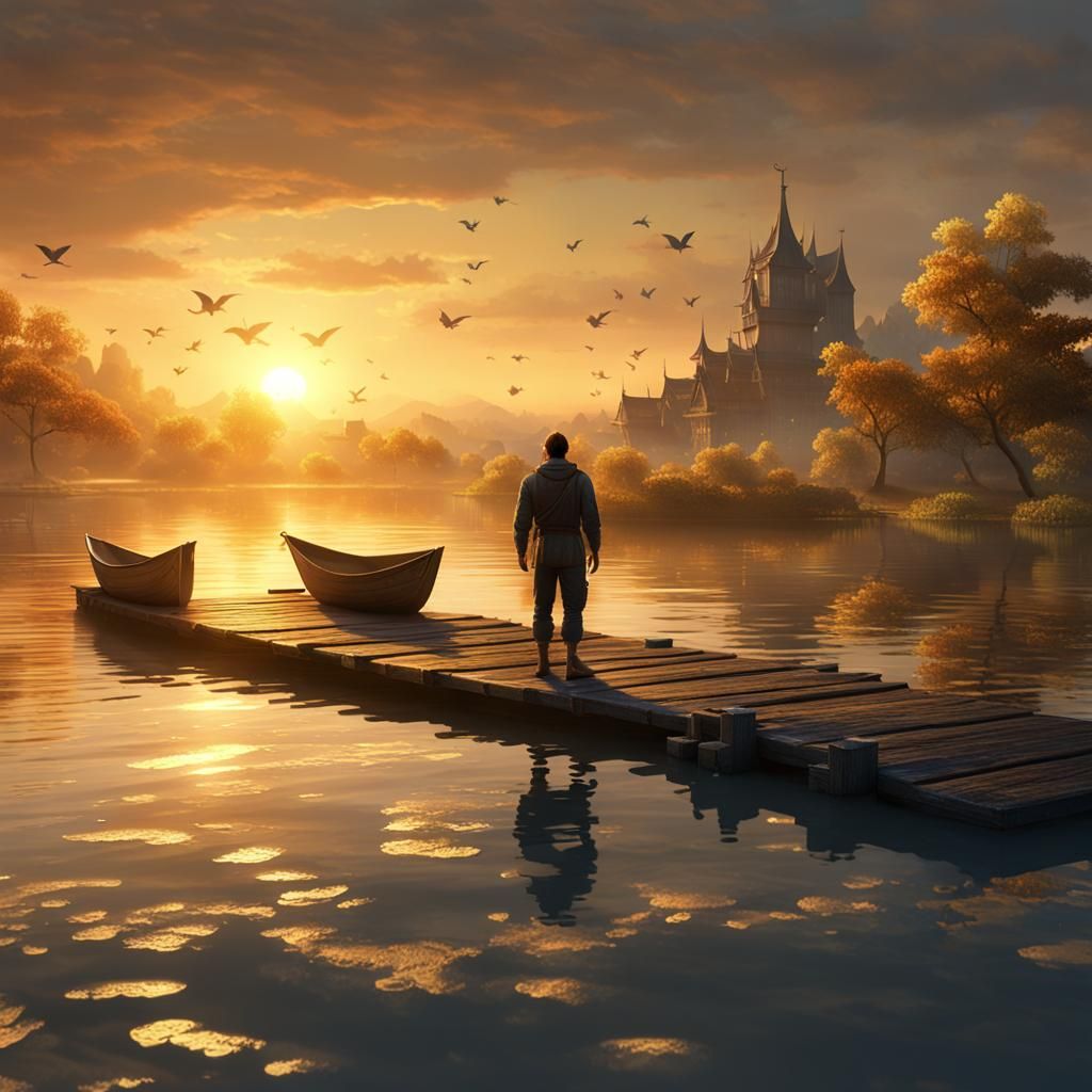 Sunset Paper Boat Launch: Fantasy Concept Art