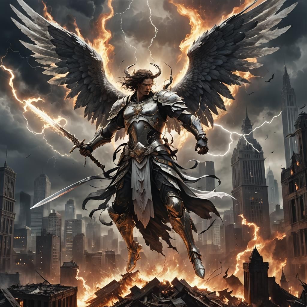 Angelic War in a Smoldering Cityscape