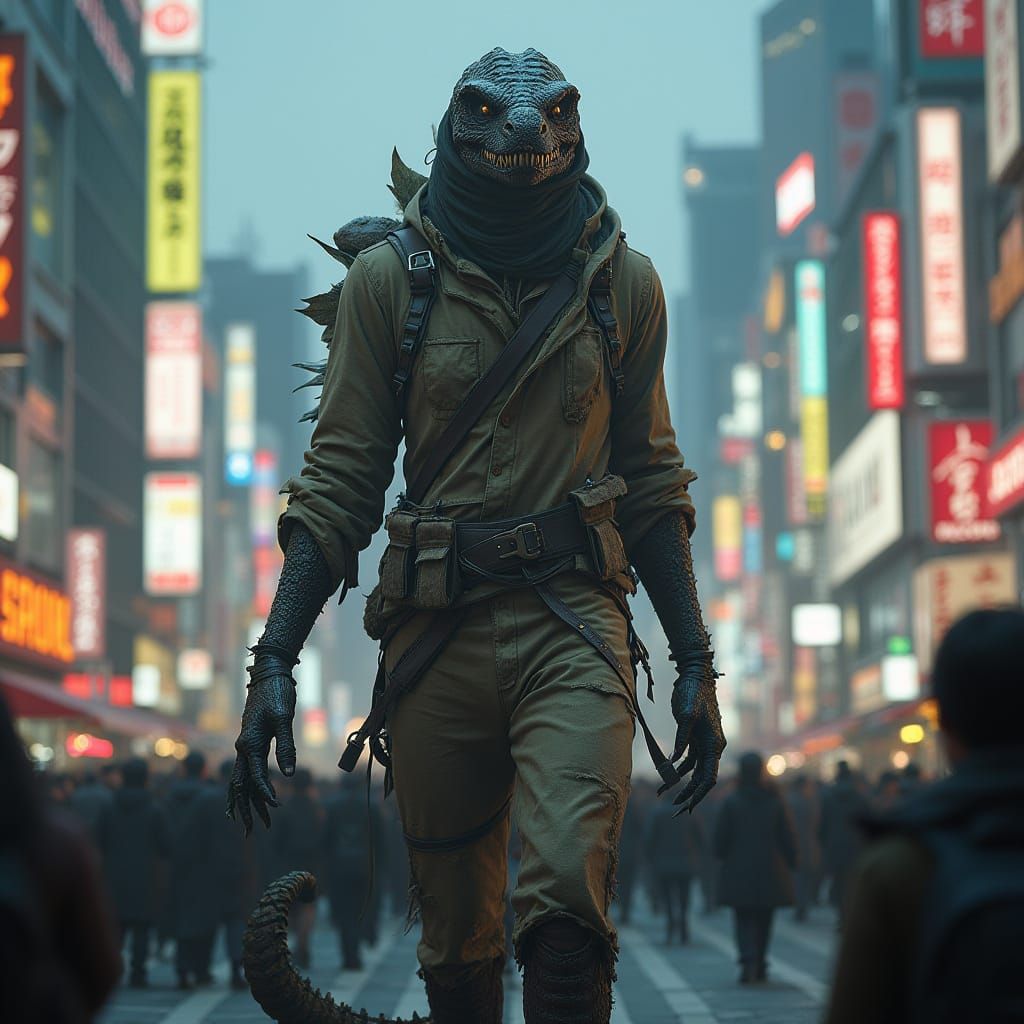 Photorealistic Movie Monster in Tokyo's Shibuya Crossing