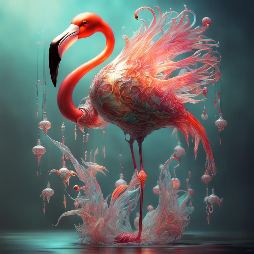 Glass Flamingo Catches Fish: Fantasycore Artwork