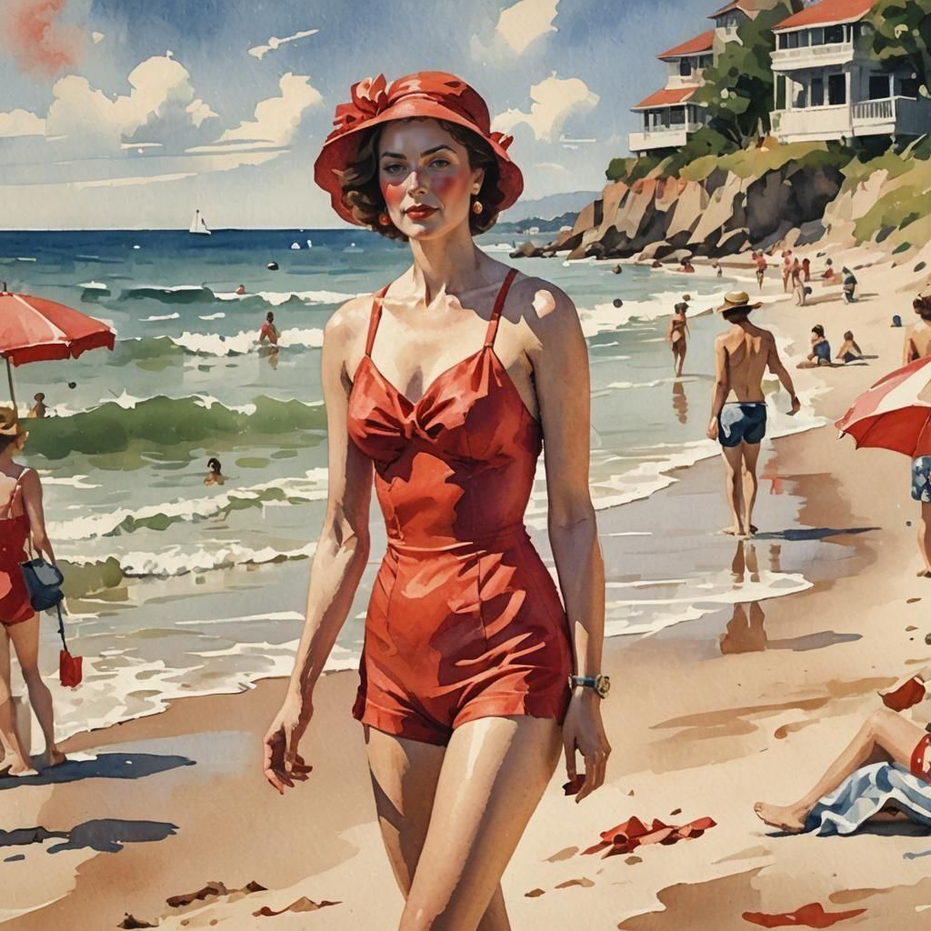 Vintage 50s Beach Lady in Gouache Style