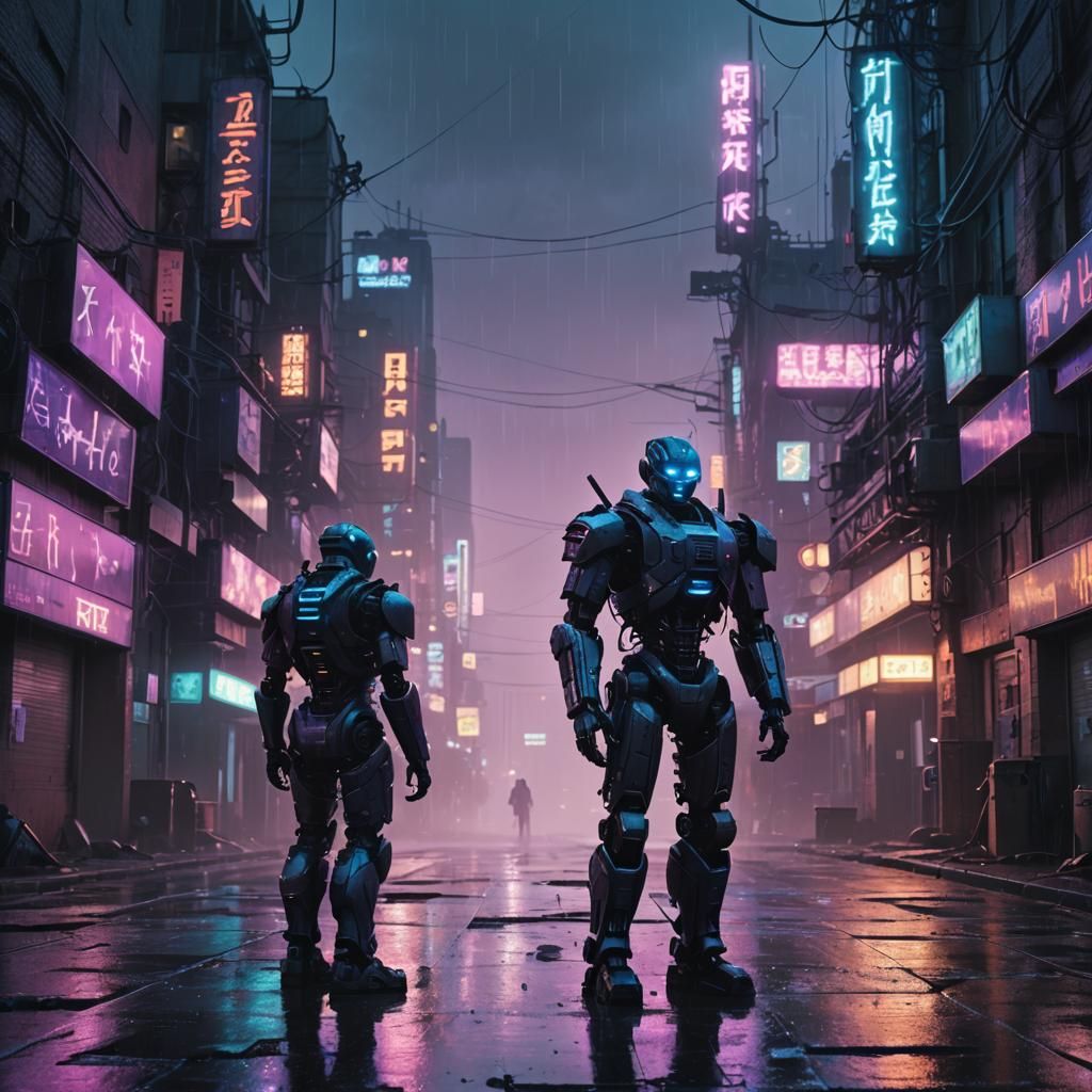Cyberpunk Robot in Dystopian Cityscape at Dusk