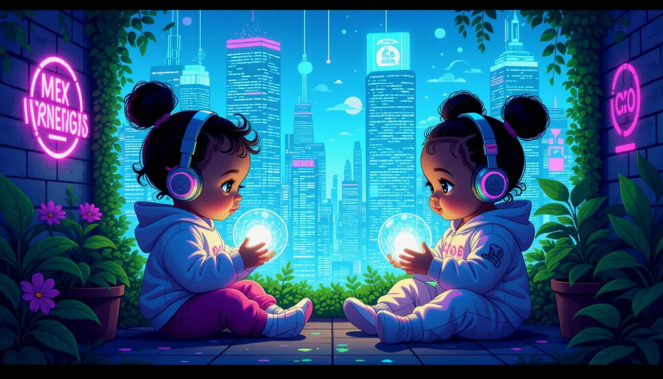 Cute Cyberpunk Babies in Vertical Gardens with Holographic G...