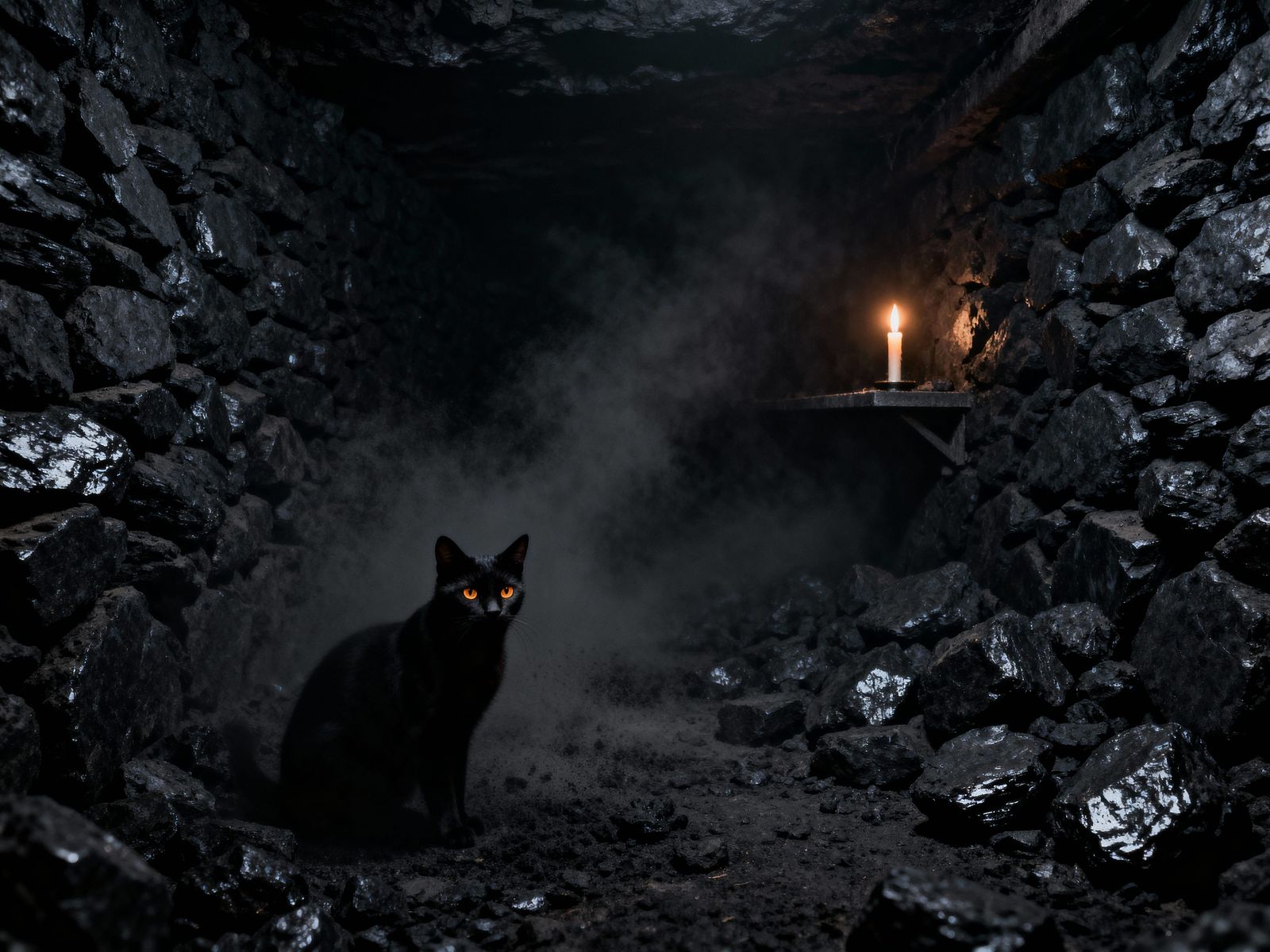 Ghostly Black Cat in Dark Coal Cellar