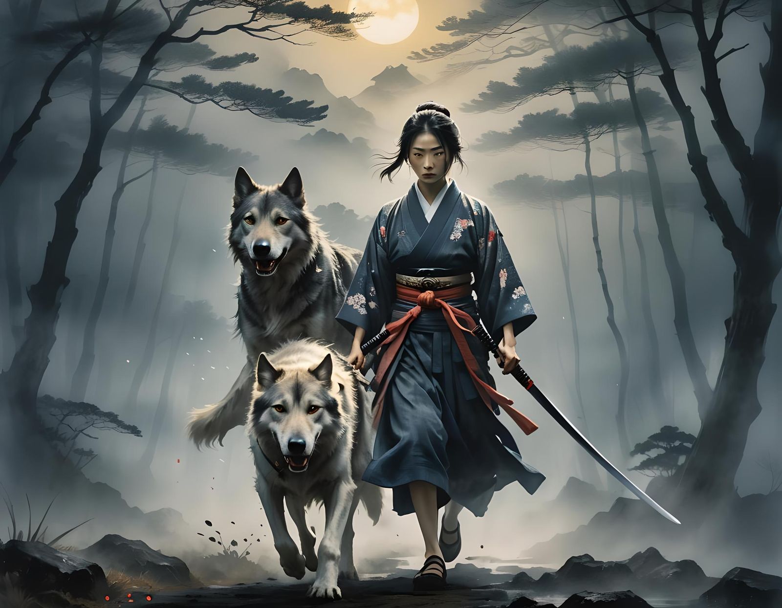 Samurai Woman with Sword in Foggy, Supernatural Scene