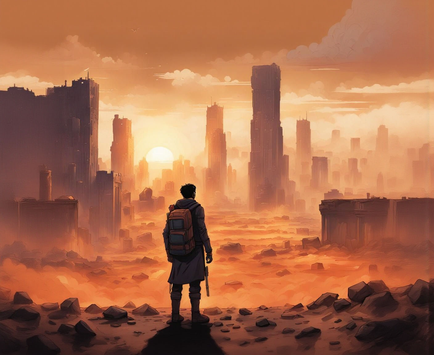 Cyberpunk Desert Ruins in Warm Orange Hues