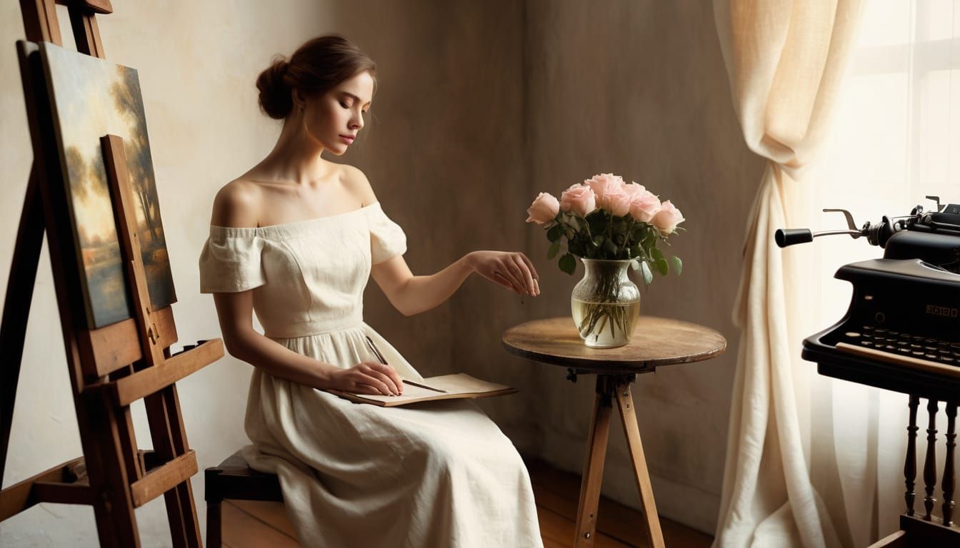 Fine Art Photography: Woman Interacting with Oil Painting