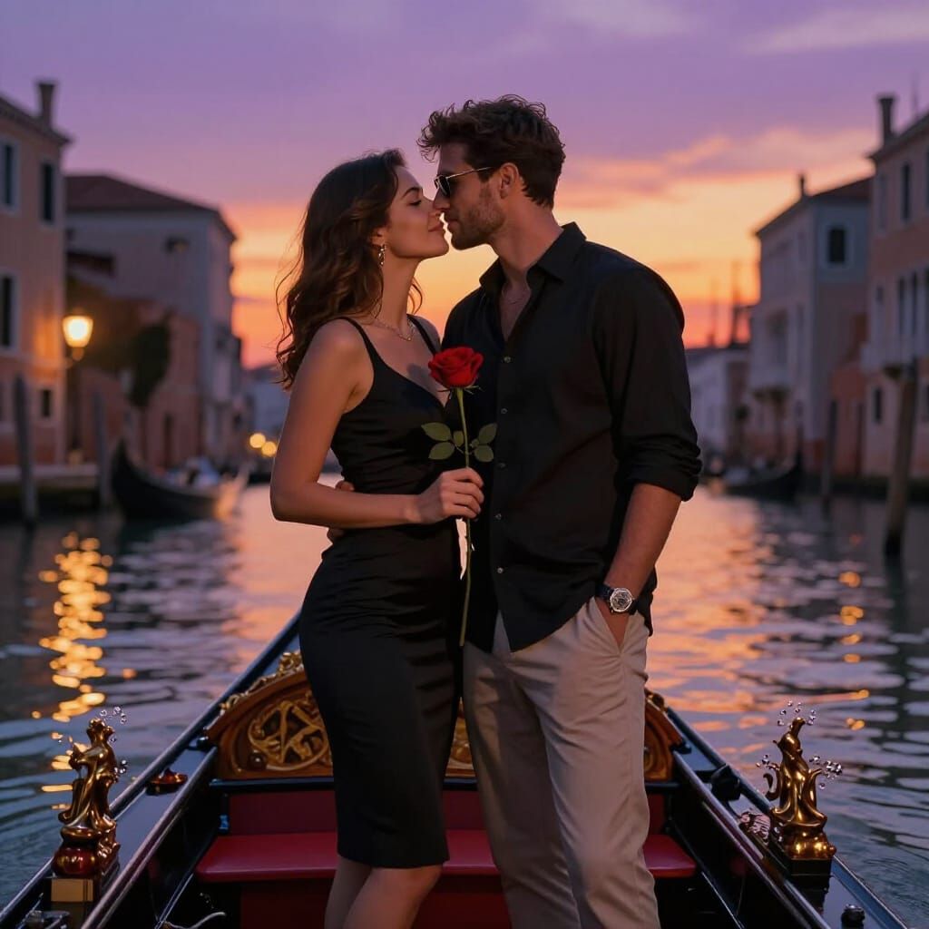 Romantic Venetian Gondola Portrait at Twilight