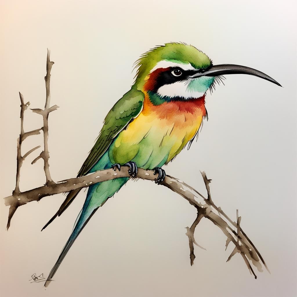 Bee Eater on Twig in Watercolor and Ink