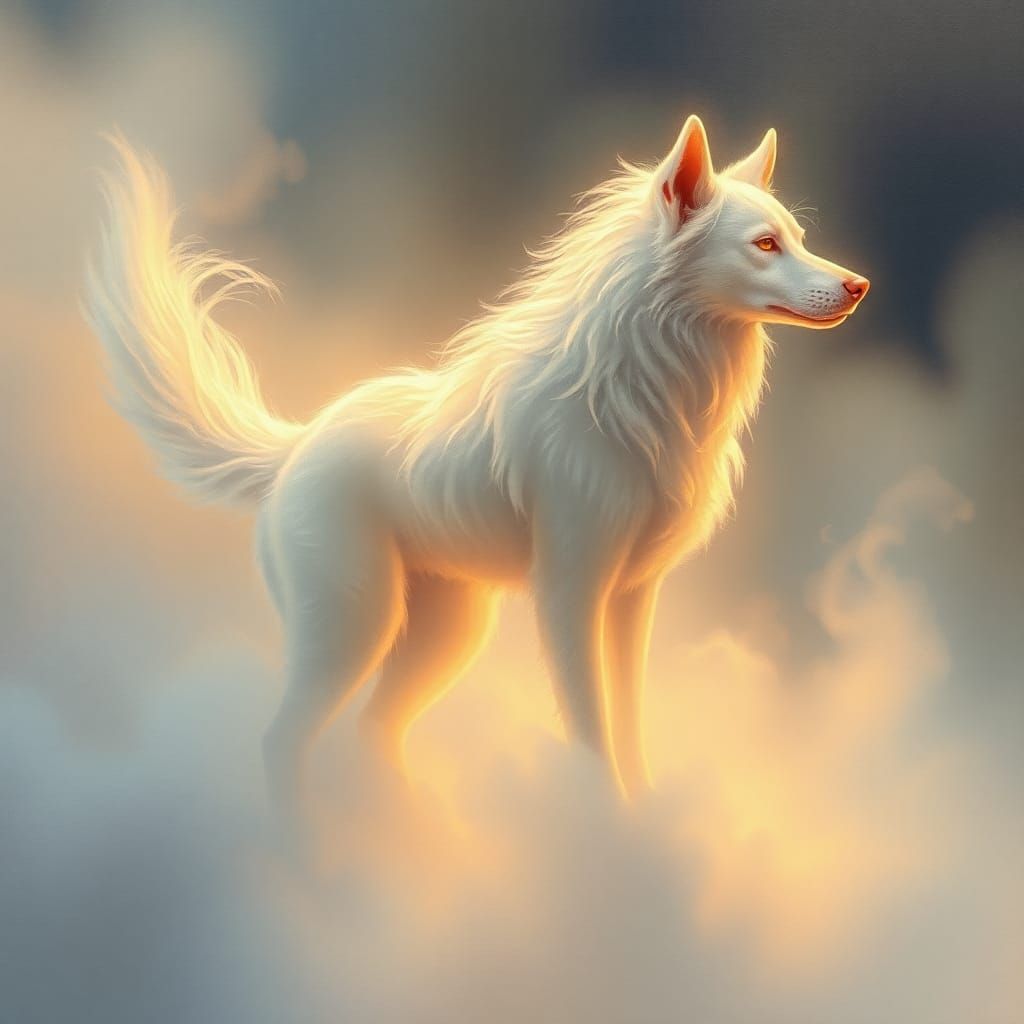 Ethereal Ghost Dog in Dreamlike Landscape