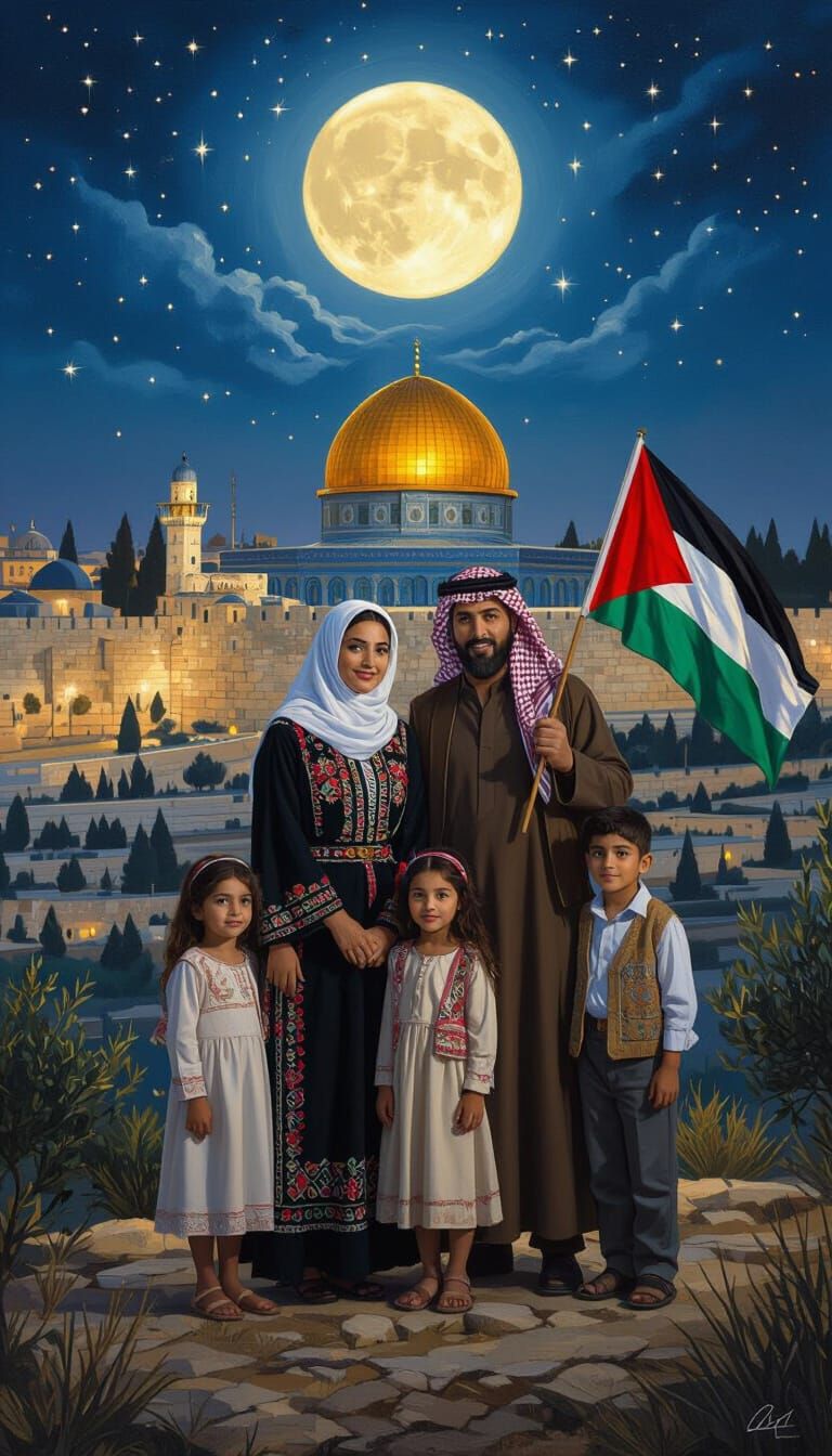 Palestinian Family Under Moonlight Above Jerusalem