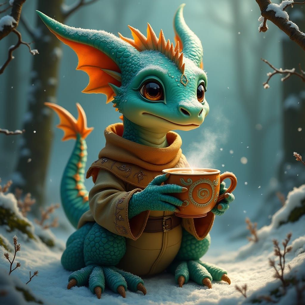 Whimsical Dragon Sips Hot Chocolate in Enchanted Forest