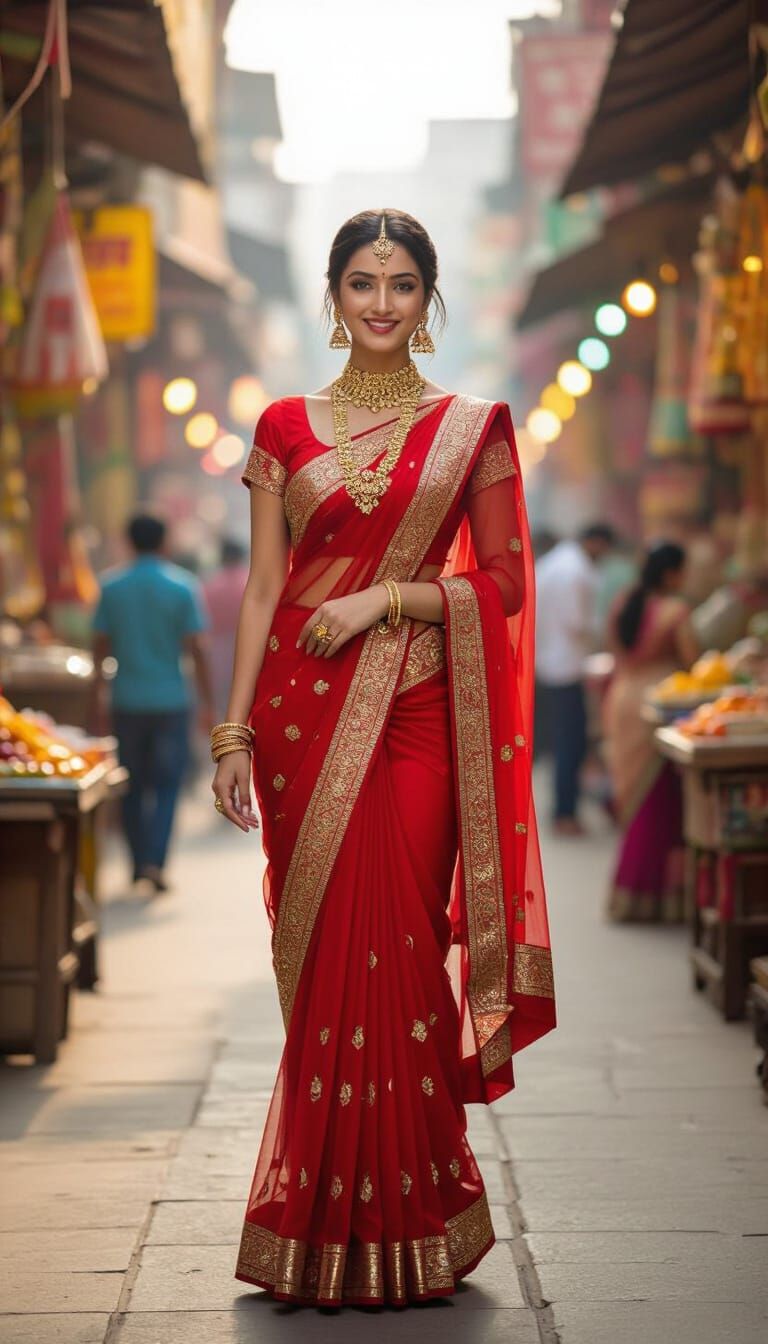 Attractive Indian Woman in Red Saree at Lively Market