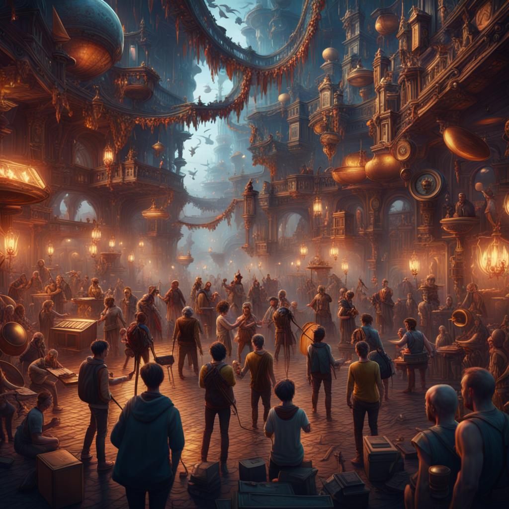 Musical World: Detailed Matte Painting of Crowded Scene