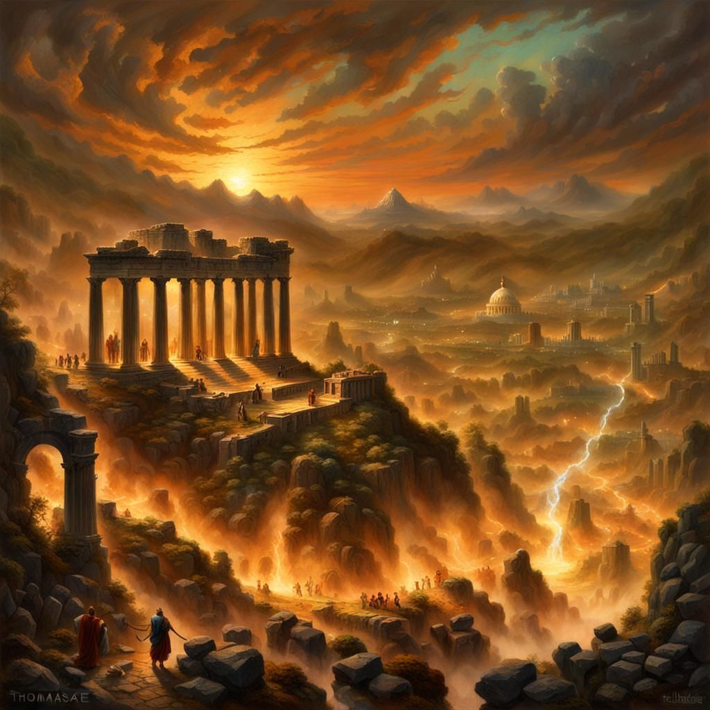 Zeus and Cronos Battle in Ancient Greek Ruins