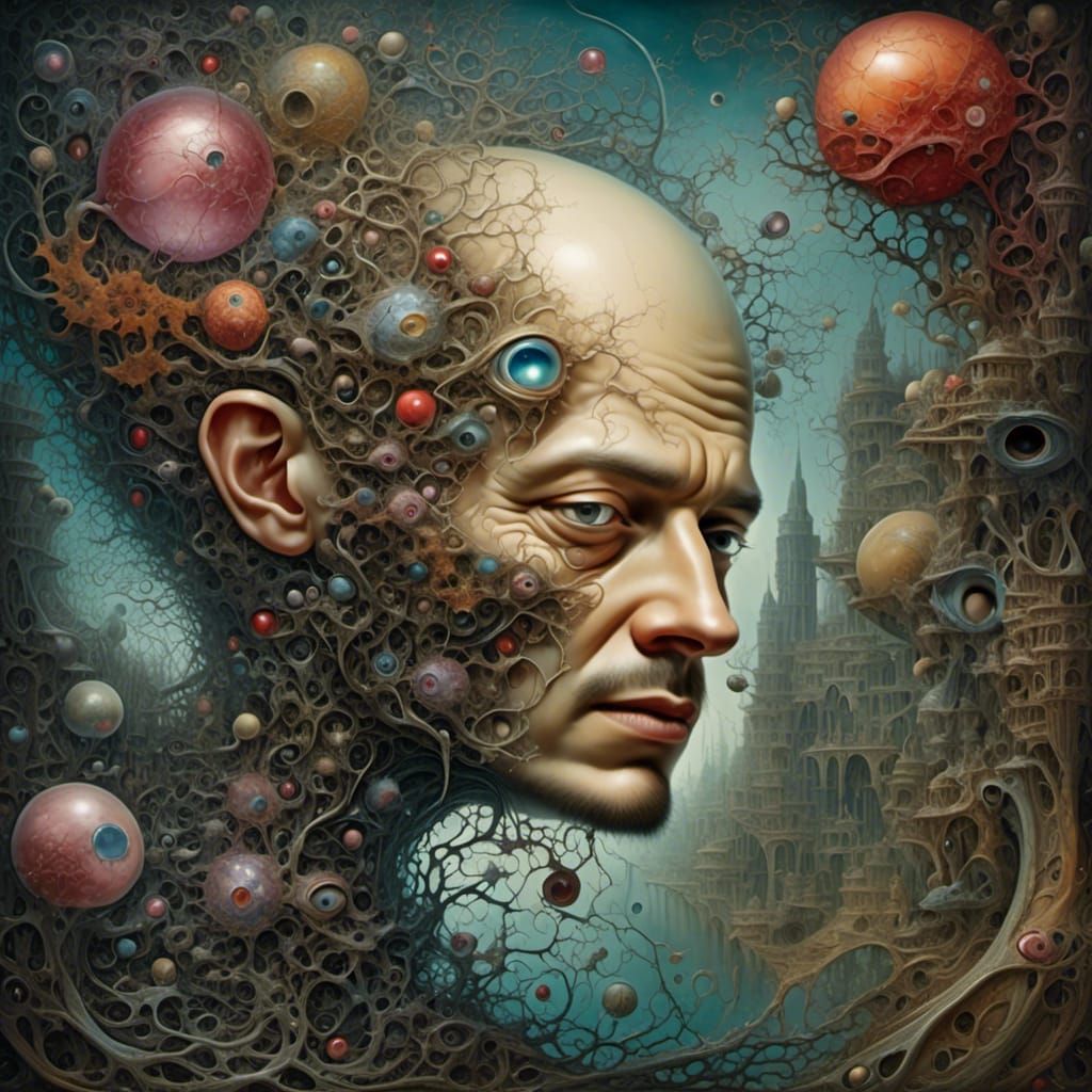 Surreal Man with Neurons in Apocalyptic Landscape