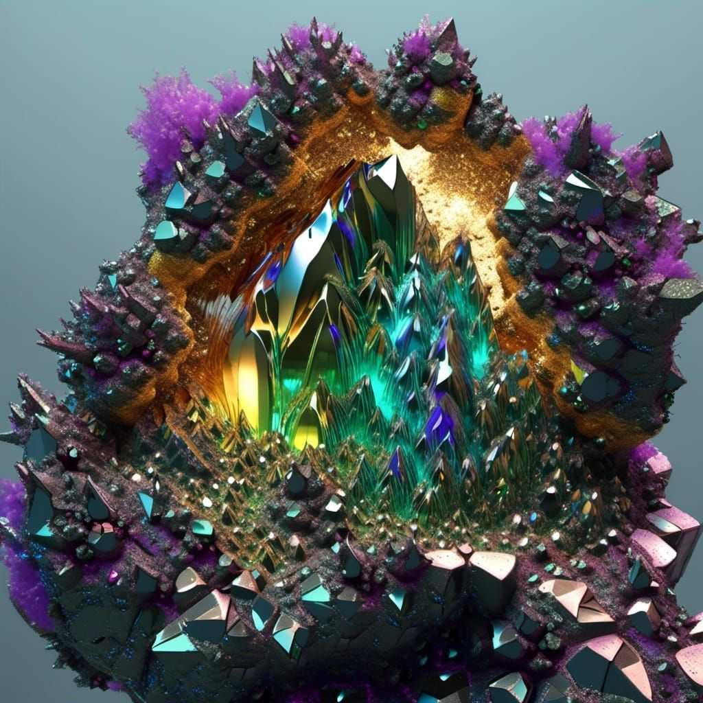 Opalescent Bismuth Crystals in Pyrite Geode, 3D Render