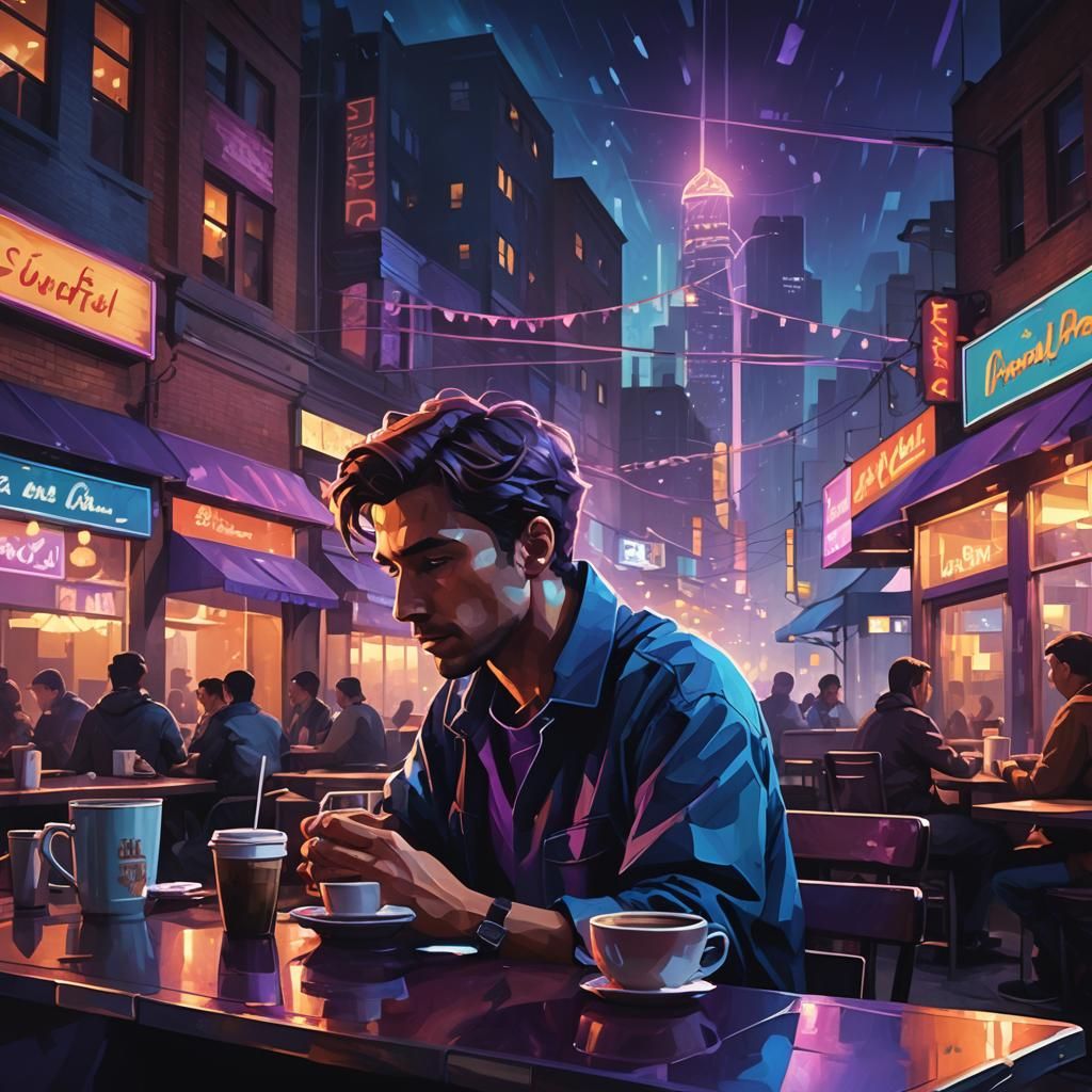 Low-Poly Diner Scene at Night in Neon Cityscape