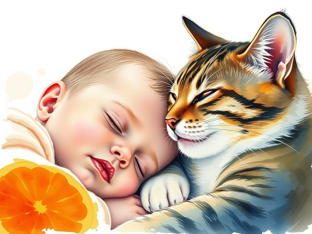 Cute Baby Boy in a Watercolor Painting by a Licking Cat