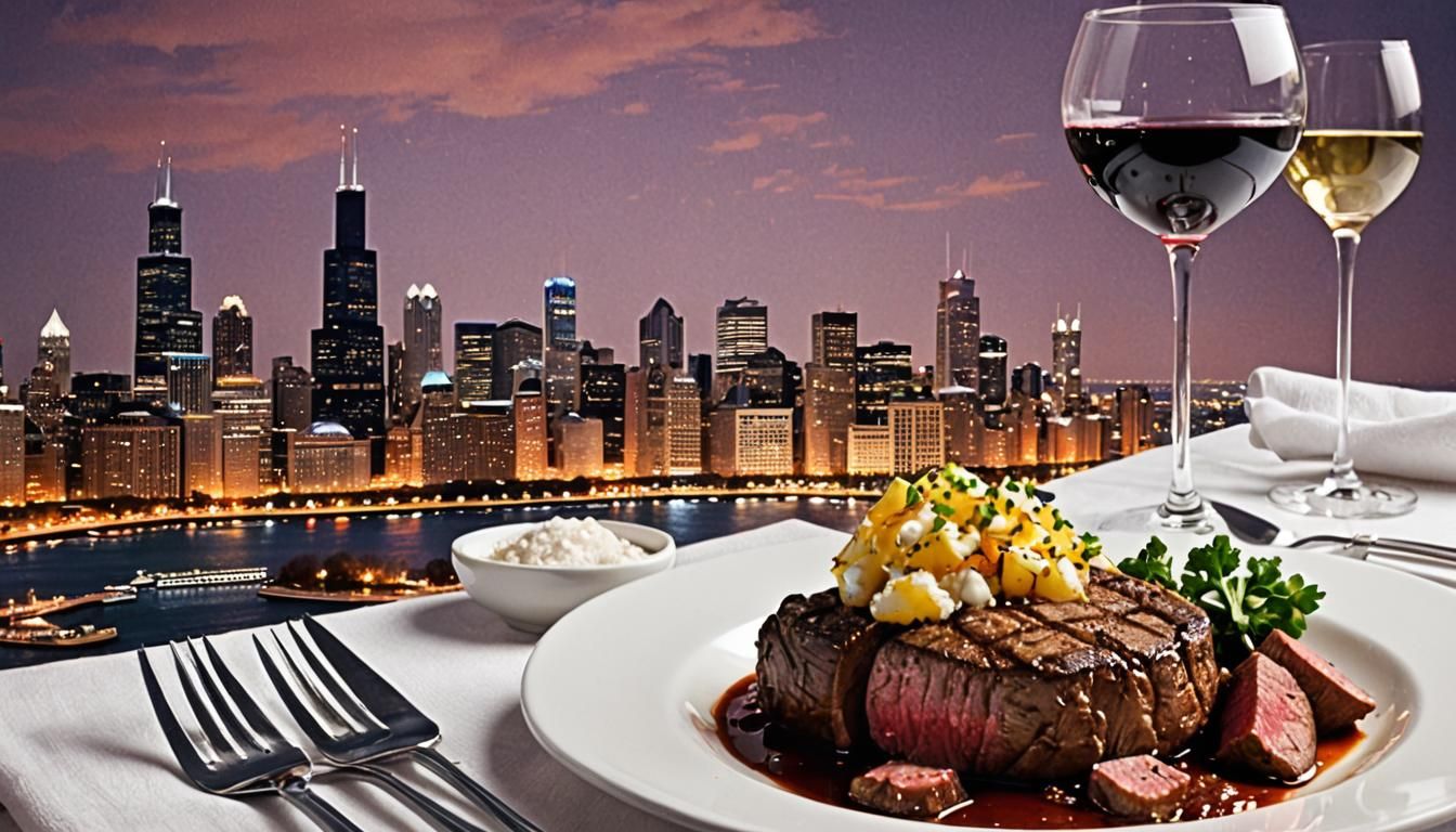 Chicago Night Skyline: Gourmet Steak Dinner