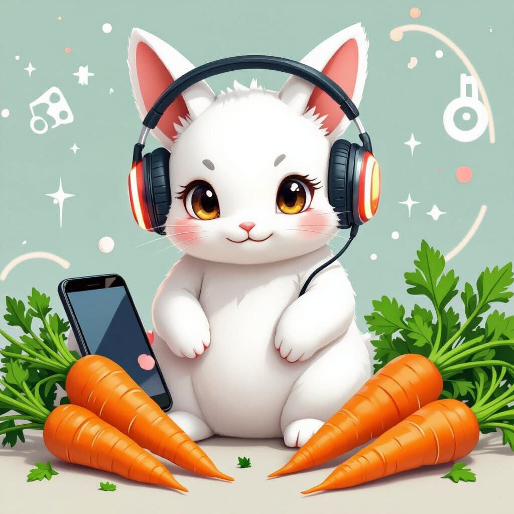 Futuristic Anime Rabbit with Phone and Carrot