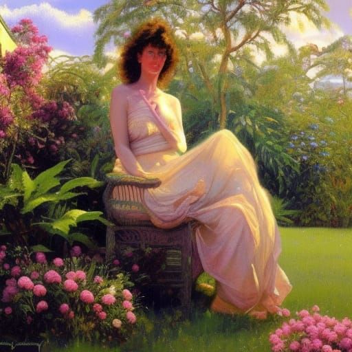 Celestial Woman in Lush Garden, Oil Painting