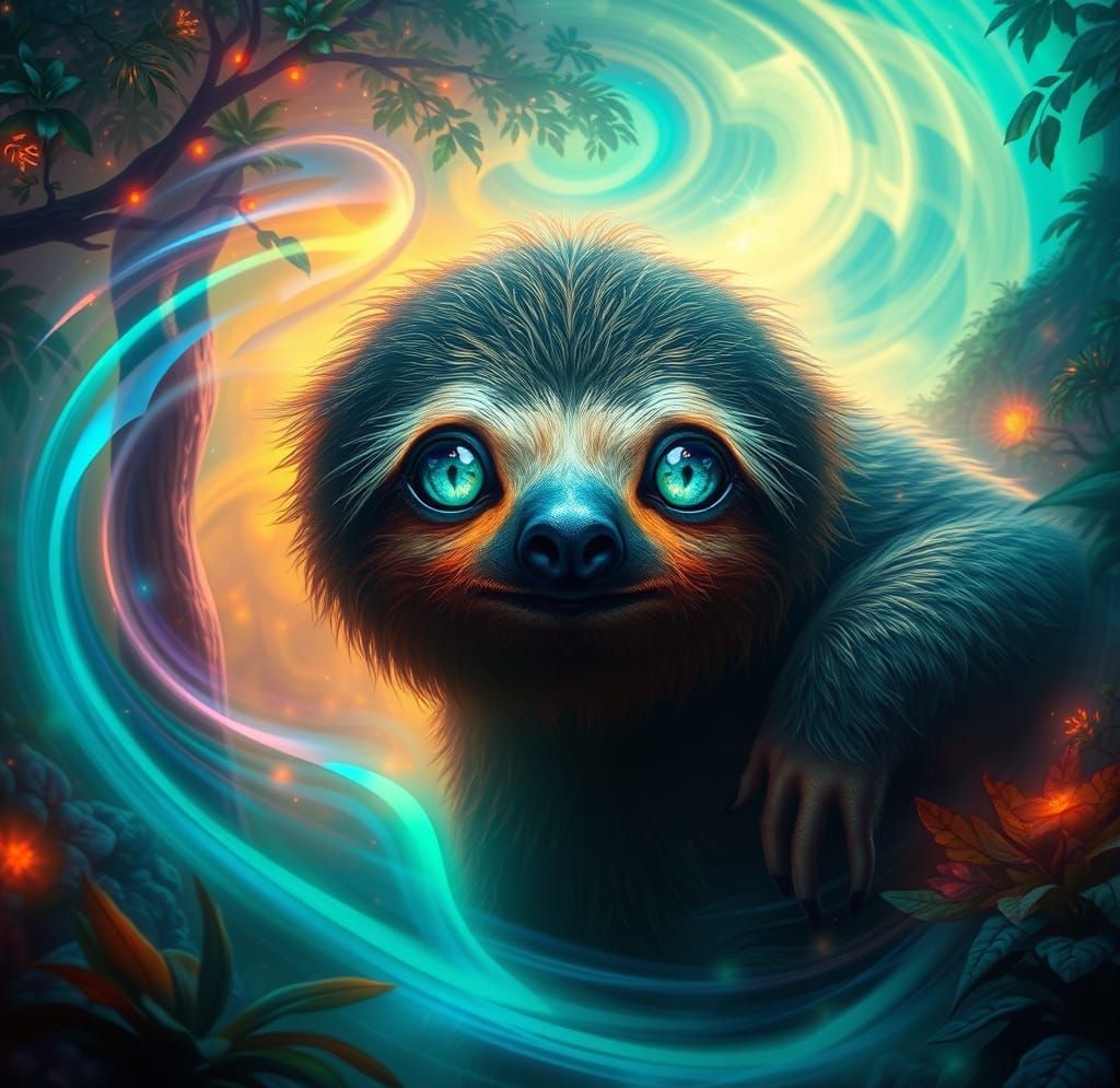 Sloth's Gentle Gaze in Vibrant Fantasy Landscapes