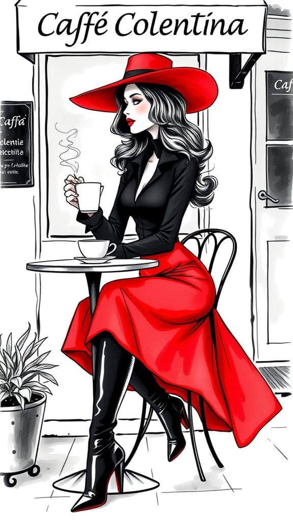 Fashionable Woman at Café Colentina in Watercolor Style