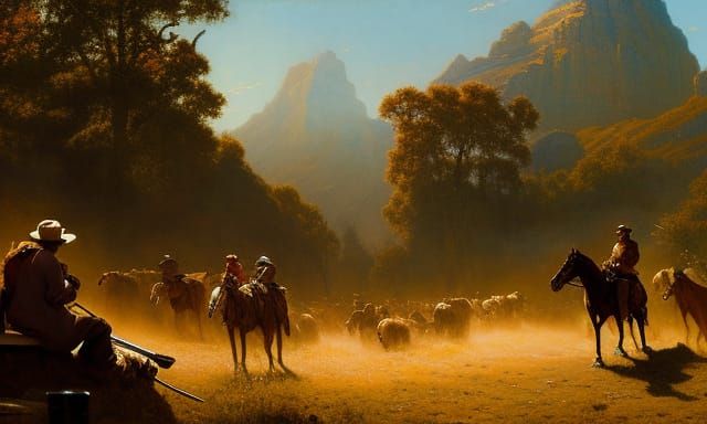 Cowboys Napping: Western Scene in Digital Art Style