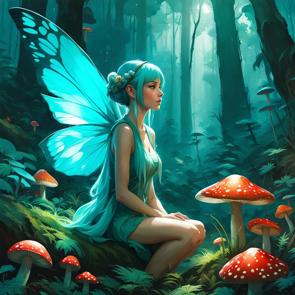 Forest Fairy with Mystical Mushrooms, Digital Art