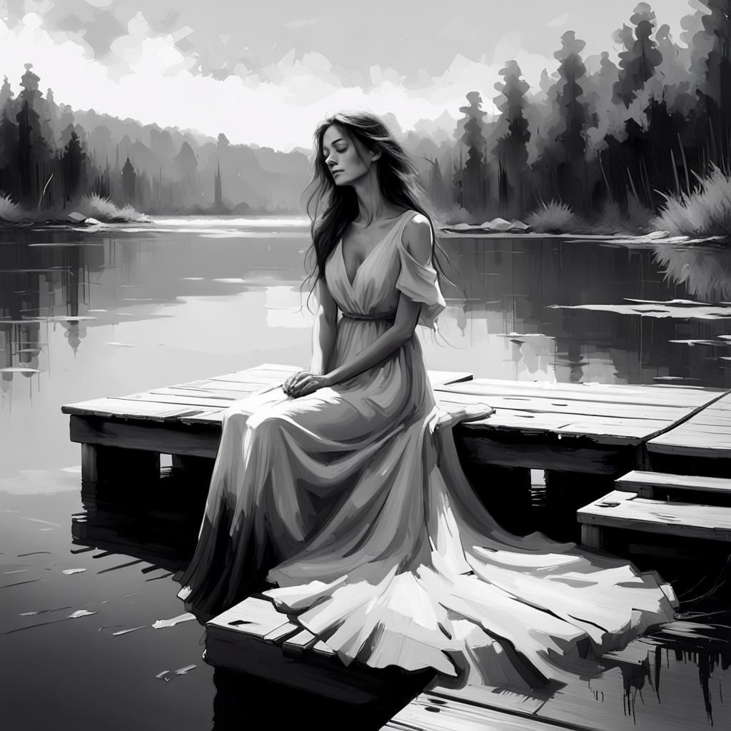 Woman on Lake Dock in Black and White