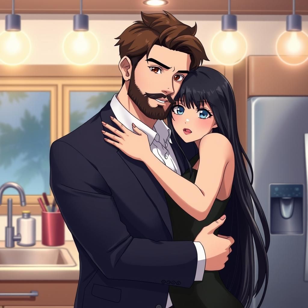 Anime Couple Embrace in Kitchen, Cel-Shaded Style