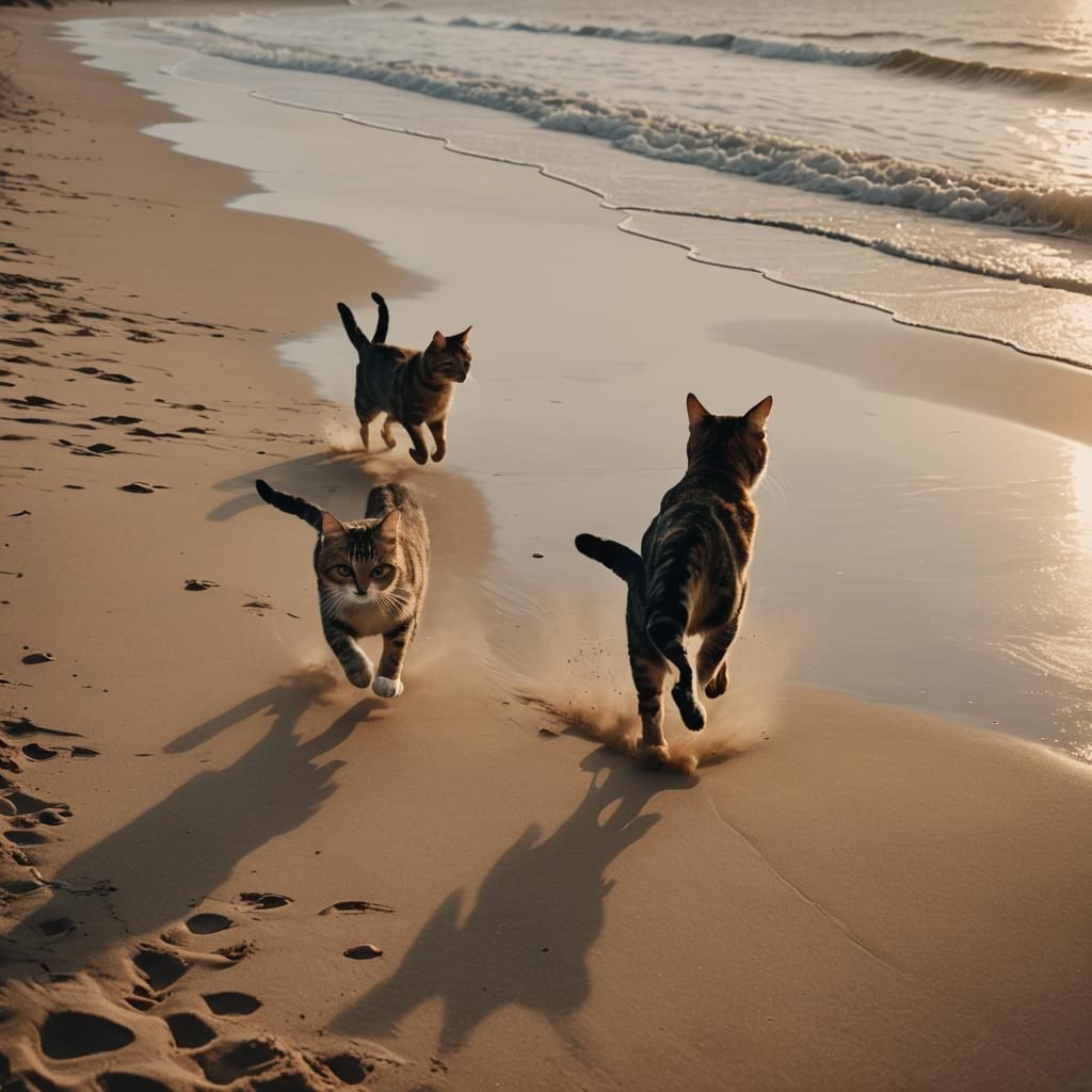 Cinematic Beach: Two Cats in Motion