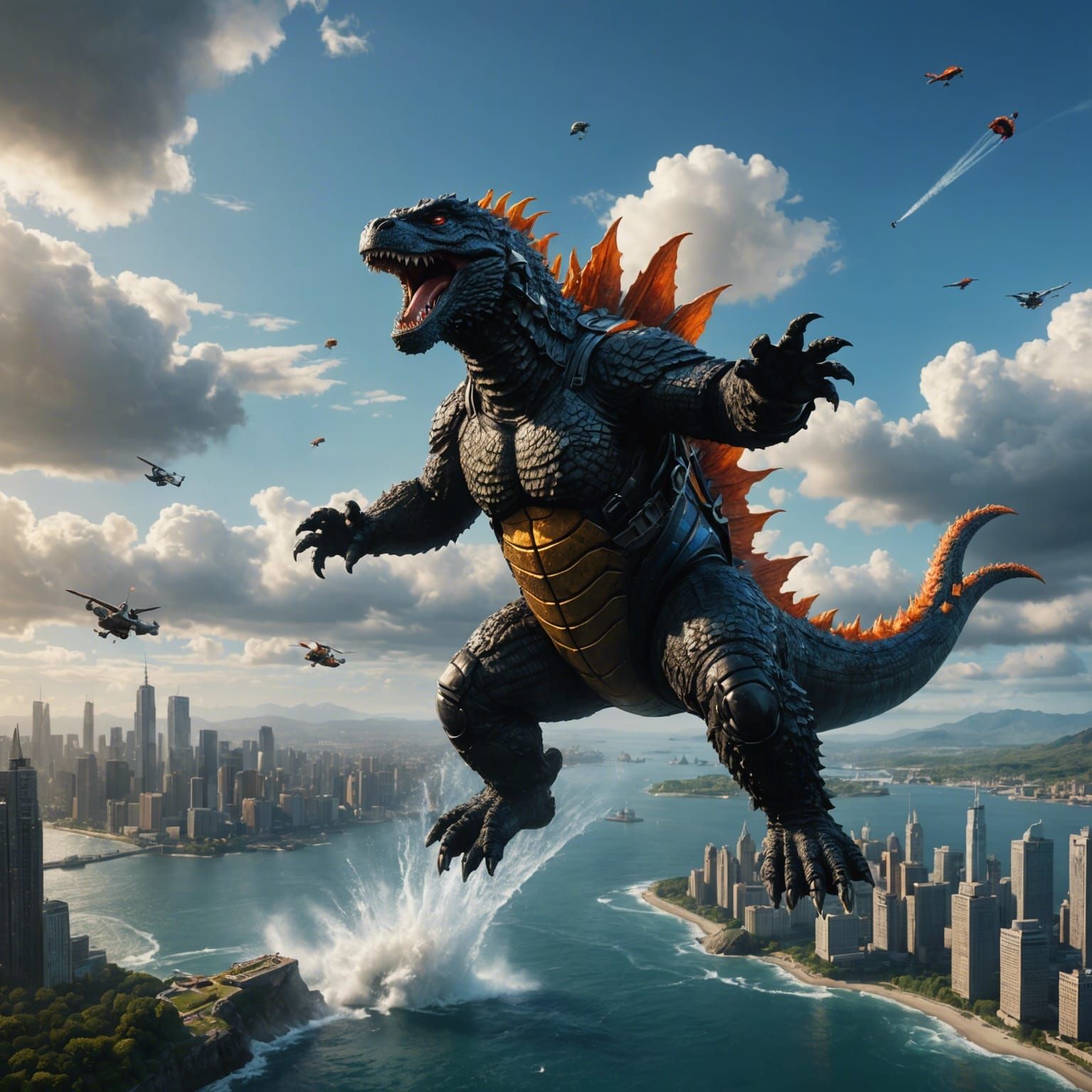 Godzilla Skydiving: Detailed Matte Painting