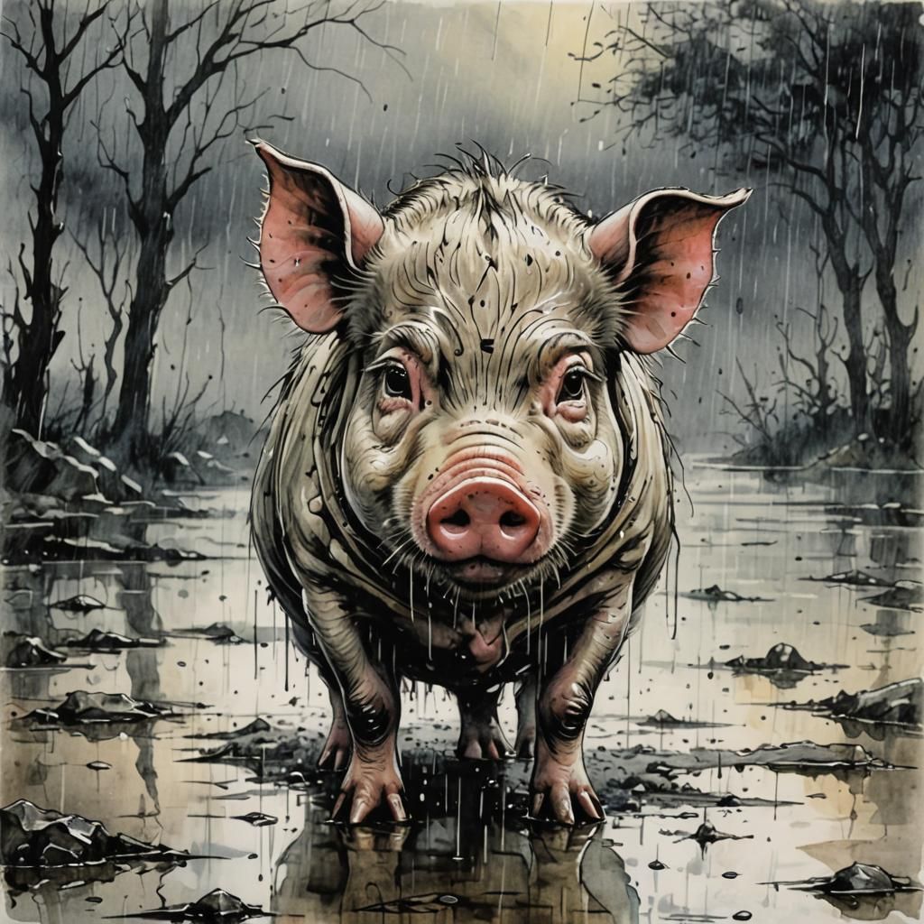 Sad Pig in Rain: Ink and Watercolor Art