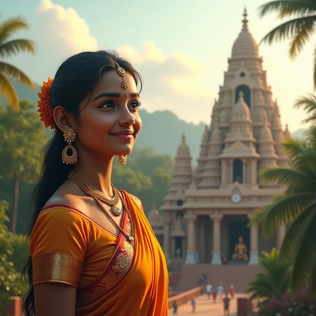 Tamil Girl Near Isha Yogi Temple in Matte Painting Style