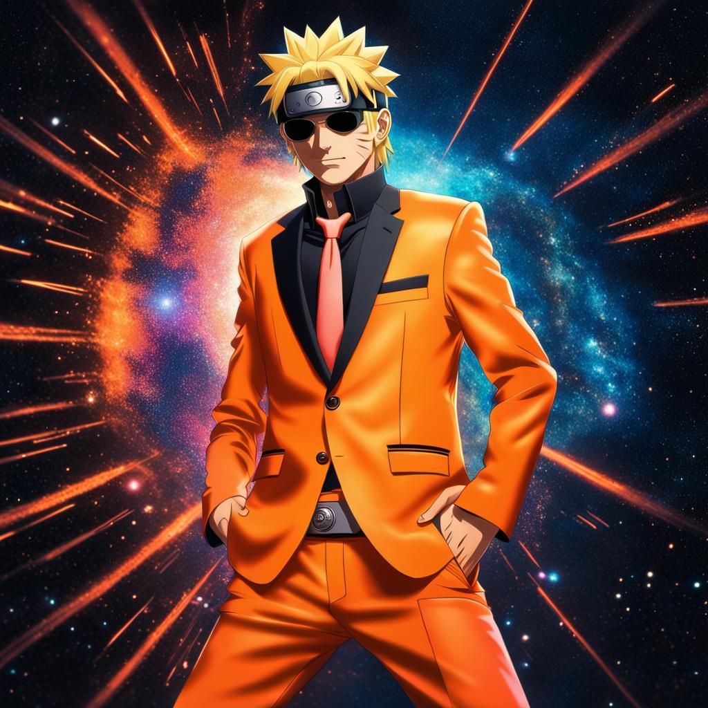 Naruto in Orange Tuxedo with Starry Space Background