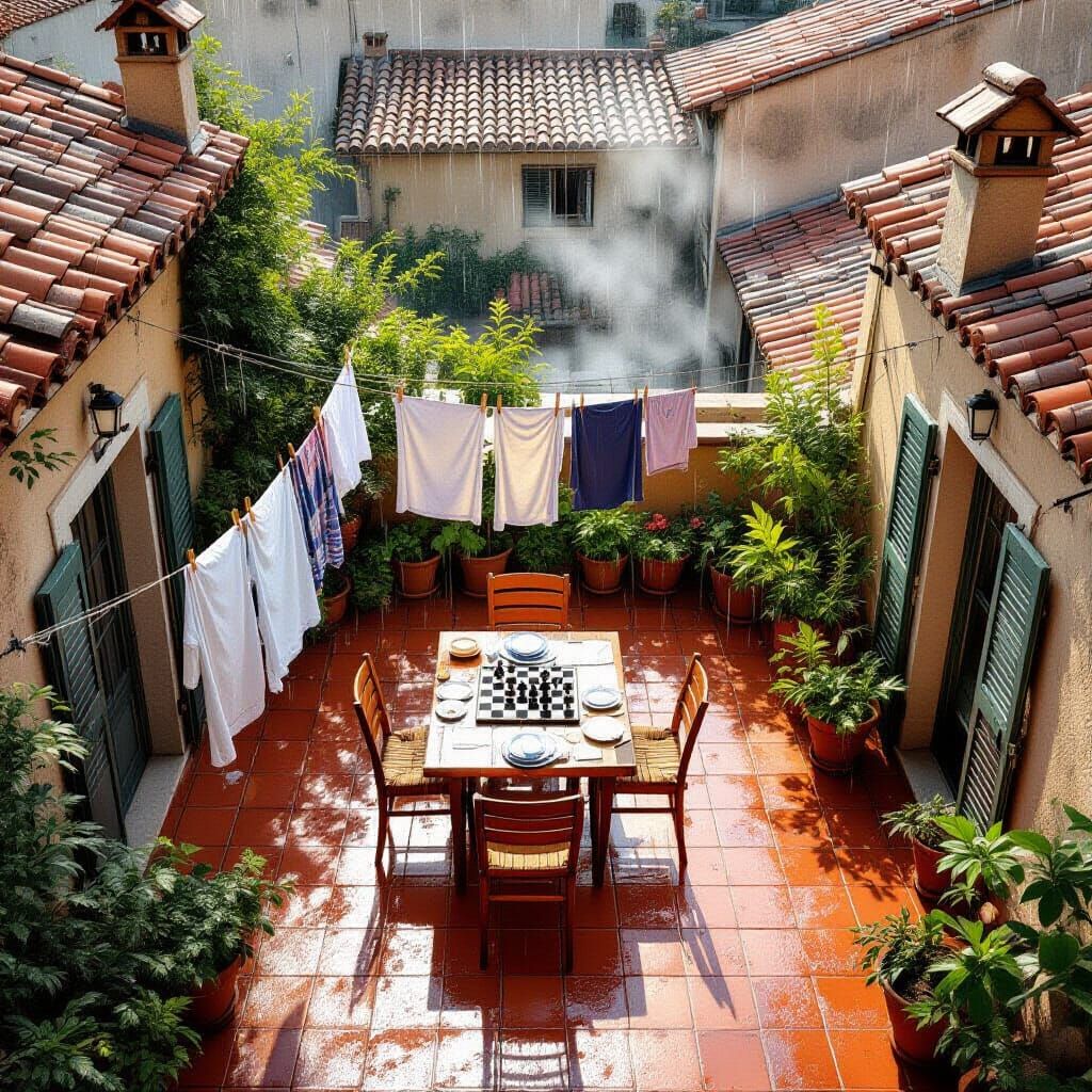 Mediterranean Rooftop Terrace in Summer Rain, Photorealistic...