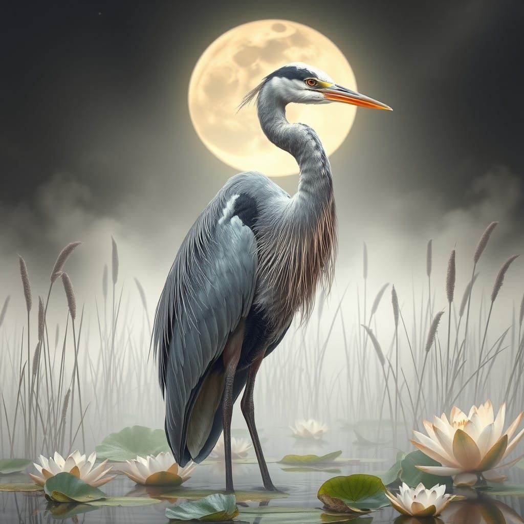 Majestic Heron in Moonlit Wetland