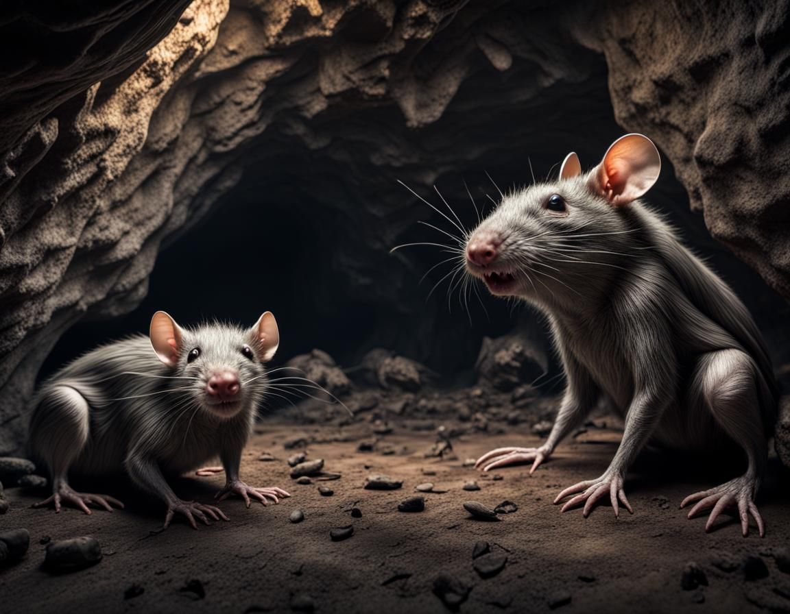 Chrome Rats and Bats in Cave: Hyperrealistic Image