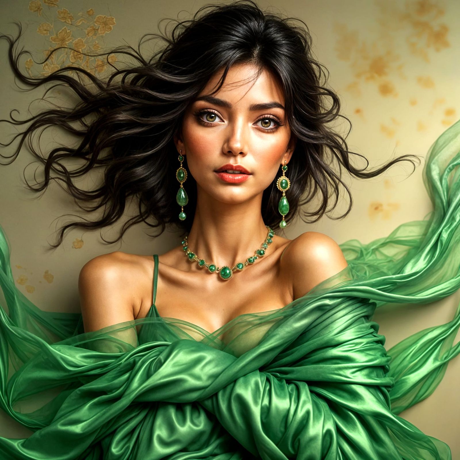 Exotic Vietnamese Beauty in Green Satin Gown