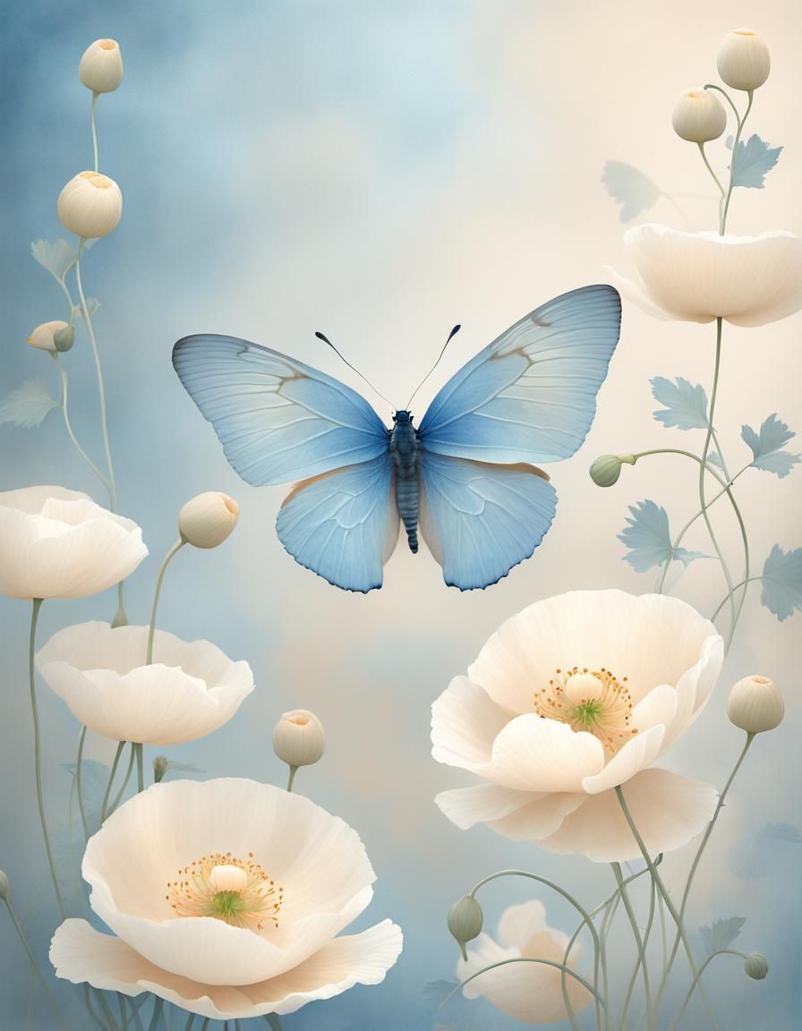 Blue Butterfly on Cream Poppies in Pastel Hues