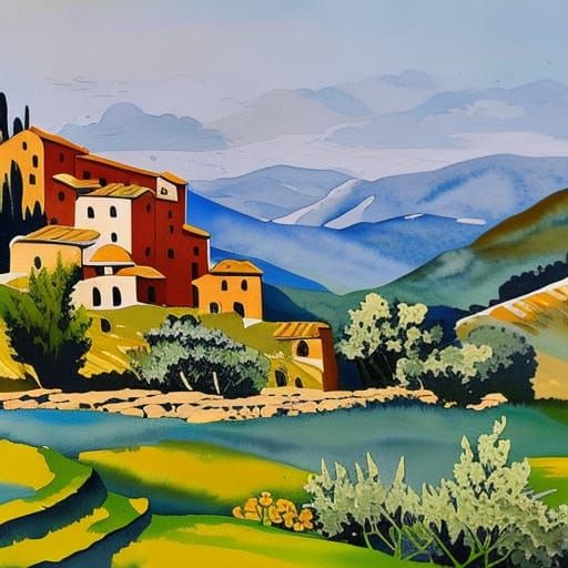 Quaint Village Garden in Gouache Watercolor Style